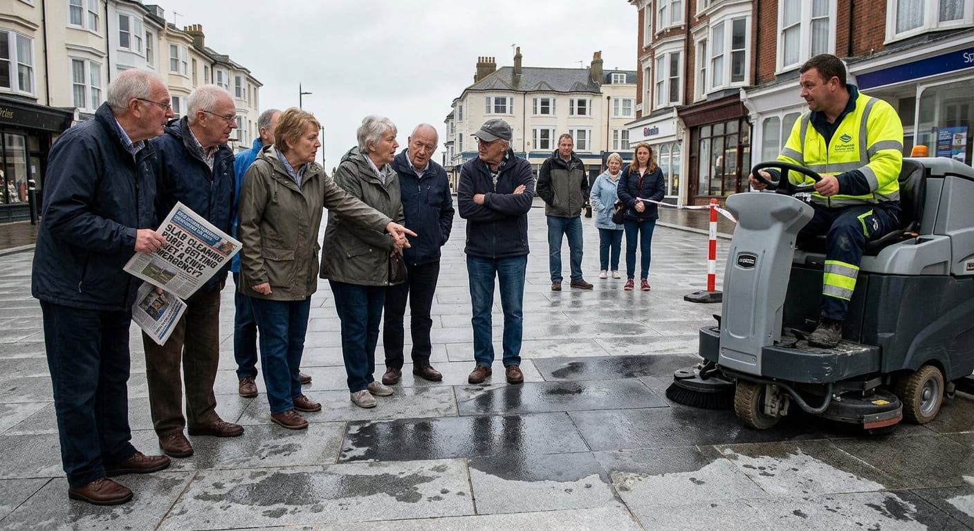 Residents outraged as town’s new slabs are cleaned — because apparently getting wet is now a civic emergency